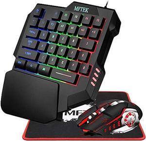 MFTEK One Hand Gaming Keyboard and Mouse Combo, RGB Rainbow Backlit One-Handed Mechanical Feeling Keyboard with Wrist Rest Support, USB Wired Keyboard Mouse and Mouse Pad Set for PC PS4 Gamer