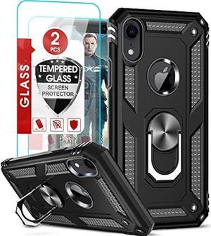 LeYi for iPhone XR Case, iPhone XR Case with Stand and [2PCS] Tempered Glass Screen Protector for Men, Heavy Duty Protective Hard Case with Metal Ring for Apple iPhone 10 XR, Black