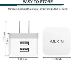 2Pack USB Wall Charger Plug, AILKIN 2.4A Dual Port USB Adapter Power Cube Fast Charging Station Box Base for iPhone 15 14 13 12 Pro Max SE 11 XR XS X/8, Samsung, Phones USB Charge Block-White Brick
