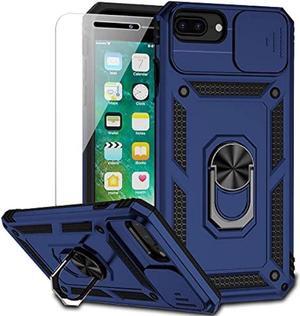 for iPhone 8 Plus / iPhone 7 Plus / iPhone 6 Plus Case with Camera Lens Cover HD Screen Protector, 15 ft Military Grade Drop Protection Magnetic Ring Holder Kickstand Protective Phone Case (Navy Blue)