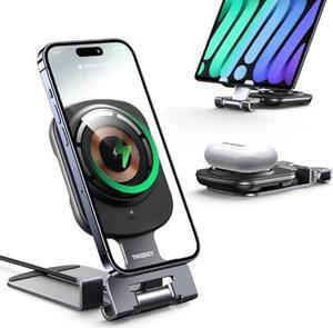 Magnetic Wireless Charger Stand for iPhone, 2 in 1 THREEKEY Foldable and Adjustable15W Fast Mag Safe Charger Stand with 5ft USB-C Cable, Compatible with iPhone 15/14/13/12 Series and AirPods Pro/3/2