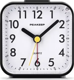 Peakeep Small Battery Operated Analog Travel Alarm Clock Silent No Ticking, Lighted on Demand and Snooze, Beep Sounds, Gentle Wake, Ascending Alarm, Easy Set (Black)