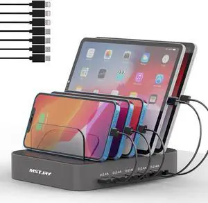 Charging Station for Multiple Devices, MSTJRY 5 Port Multi USB Charger Station with Power Switch Designed for iPhone iPad Cell Phone Tablets (Gray, 7 Mixed Short Cables Included)