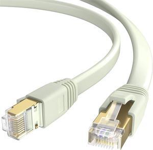 Cat 8 Ethernet Cable 6 Feet, White Flat Cat8 High Speed Internet Cable, Shielded Gold Plated Connectors, 28 AWG, 40Gbps, 2000Mhz, LAN Network Cord, Compatible with Gaming, Modem, Router