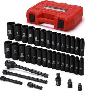 MIXPOWER 36-Piece 1/2-Inch Drive Deep Impact Socket Master Set with 10-inch Quick-release Ratchet Handle & Accessories, 3/8" - 1-1/4", 10-32MM, Deep, SAE&Metric, CR-V Steel