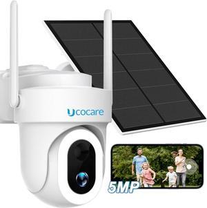 5MP Security Cameras Wireless Outdoor, Solar Security Cameras Wireless Outdoor with Pan/Tilt/Zoom, 5W Solar/ 10000mAh Battery, Color Night Vision, Siren & Spotlight, Human Detection, Alexa