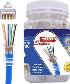 ITBEBE 100-Pack RJ45 Cat6 Pass Through Connectors High Performance Cat6 Connector (RJ45 Connectors/Ethernet Connector / Cat6 Connectors / 8P8C / Cat 6 Ends / RJ45 Ends) for 24 AWG Ethernet Cable