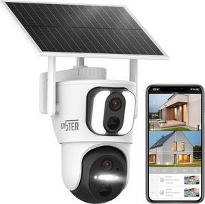 ENSTER 2K Solar Security Cameras Wireless Outdoor, Dual Lens Solar Cameras for Home Security Battery WiFi Camera Outside Surveillance Camera, 360° PTZ Camera with Floodlight Color Night Vision Sensor