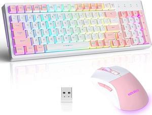 CK98 Wireless Rechargeable Backlit Keyboard and Mouse Combo, RGB White Keyboard with 98 Keys, Dual Color Mouse with 3200DPI for PC Mac Gamers (White/Pink)