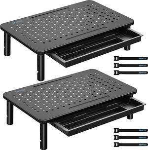 BONTEC 2 Pack Monitor Stand Riser with Drawer, 3 Height Adjustable PC Monitor Riser for Desk with Mesh Platform for Laptop, Computer, iMac, PC, Printer up to 44LBS/20KG, Cable Ties Included
