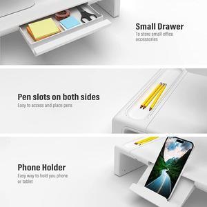 Monitor Stand Riser, Foldable Computer Monitor Riser, Adjustable Length Computer Stand and Storage Drawer & Pen Slot, Phone Stand Compatible Computer, Desktop, Laptop, Save Space (White)