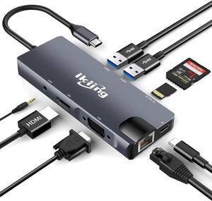 USB C Hub, 9-in-1 USB C Adapter with 4K USB C to HDMI, VGA, Gigabit Ethernet, 100W PD, 2 USB-A 5 Gbps, MicroSD/SD Card Reader, USB C Dock for Most Type-C Devices