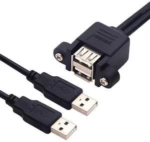 The double-layer USB extension cable with ear screw holes can fix the dual-port USB male to female head data expansion baffle cable
