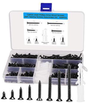 M3 flat-head wood screw combination fastener kit 420 pieces, cross-head screwdriver countersunk self-tapping screws, carbon steel