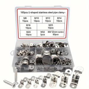 160-piece stainless steel U-shaped pipe clamp set, U-shaped bolt saddle-shaped fastener set with metal cable clamp kit