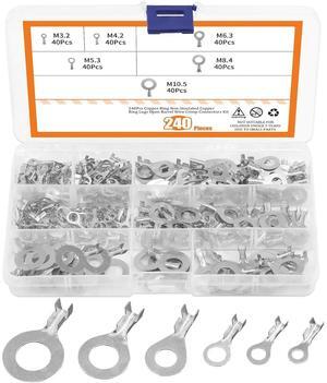 240PCS non-insulated ring crimp terminal connector set, O-type copper open-barrel wire crimp sleeve box