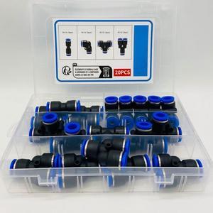 A total of 20 pieces of 10mm quick pneumatic joint accessories, including 5 distributors, 5 elbows, 5 straight heads, and 5 tees, are cross-border combined in a box