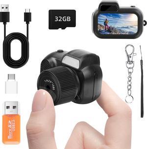 Mini Keychain Camera, FHD 1080p 8MP Mini Digital Camera with 32GB SD Card, OTG Adapters, Card Reader, Eight Filter, 100 Mins Battery Life Retro Cameras for Travel Study Recording (Black, 32GB)
