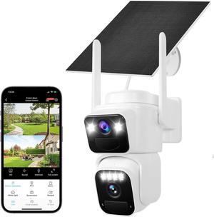 Dual Lens Dual Screen 2K Solar Security Camera Wireless Outdoor 360° View Battery Powered Camera with Spotlight Color Night Vision, PIR Sensor WiFi Home Security System