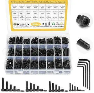 Kadrick Metric Screws Assortment,860PCS M6 M5 M4 M3 Screw Kit, Suitable for 3D Printing DIY,Hex Socket Head Cap Bolts Nuts and Washers Kit, Grade 12.9 Alloy Steel, Black Zinc Plated,Anti Rust Upgrade