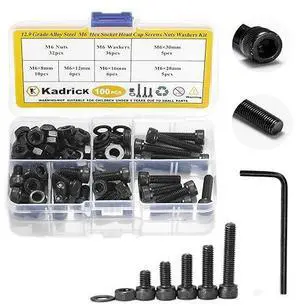 Kadrick Metric Screws Assortment - 100 Pcs M6 Hex Socket Head Cap Bolts, 8mm/12mm/16mm/20mm/30mm With Nuts and Washers - 12.9 Grade Alloy Steel, Black Zinc Plated, Anti-Rust Upgrade