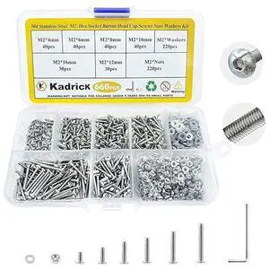 Kadrick 304 Stainless Steel Screws,660 Pcs M2 Screw Assortment,Button Head Socket Cap Screws Kit,M2x4mm,6mm,8mm,10mm,12mm,16mm Metric Bolts Nuts Washers Kit with 1 Hex Allen Wrench