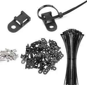 60 Set Cable Zip Tie Mounts Kit Black 6" Zip Ties, Black Cable Tie Base and Tapping Screw - Wire Cable Clips Organizer Holders Clamps