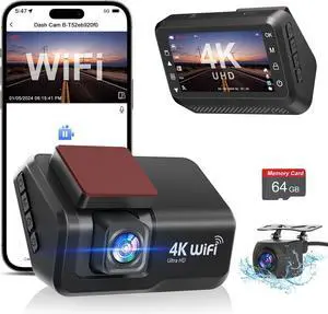 Dash Cam Front and Rear Camera, 4k+1080P WiFi Dual Dash Cam with APP, 3 IPS Dash Camera for Cars with Free 64GB Card, Otovoda Dashboard Camera with Night Vision, 24/7 Parking Monitor, WDR