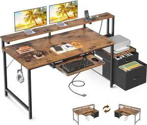 AODK 55" Computer Desk with Drawers and Keyboard Tray, Office Desk with Power Outlet and Printer Space, Reversible Study Work Desk with Storage File Cabinet for Home Office, Vintage