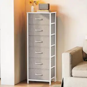 AODK Tall Dresser for Bedroom with 6 Fabric Drawers, Storage Dresser Organizer with Wood Top and Sturdy Steel Frames, Chest of Drawers for Closet, Living Room, Entryway, Hallway, Light Gray