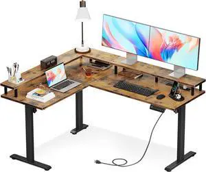 AODK Electric L Shaped Standing Desk, 59 Inch Height Adjustable Stand Up Desk with Power Outlets & Full Monitor Stand, Reversible Corner Desk for Home Office & Computer Workstation, Rustic Brown