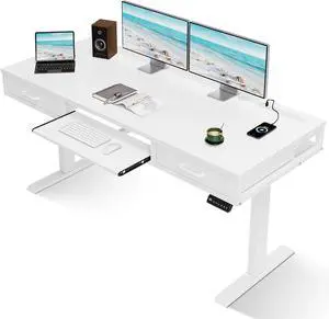 AODK Electric Standing Desk with Drawers & Keyboard Tray, 55 Inch Height Adjustable Desk with Power Outlets, Sit Stand Table, Writing Computer Desk for Home, Office, Workstation, White