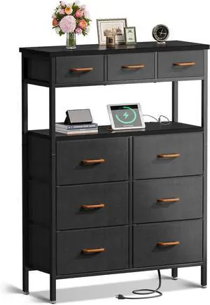 AODK Dresser with Charging Station, 52 Inches Tall Dresser for Bedroom with 9 Storage Drawers, Large Fabric Dressers for Hallway, Dark Grey