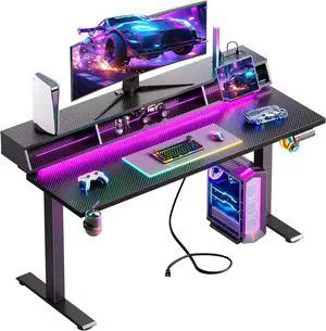 OffiGo Gaming Standing Desk with LED Light, 55 Inch Electric Height Adjustable Table with Power Outlet & Monitor Stand, Sit Stand Computer Workstation for Boys Men, Black