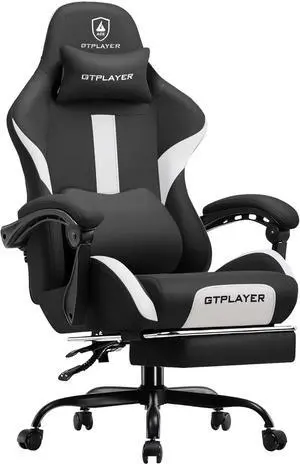 GTRACING Gaming Chair Ergonomic Office Chair with Foot Rest & Pocket Spring Cushion, High Back Computer Desk Chair with Headrest & Lumbar Support, Breathable Fabric Game Chair for Adults, Coal-Black