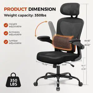 GTRACING Office Chair Ergonomic Desk Chair with 3D Adaptive Lumbar Support & Headrest, High Back Home Mesh Chair with Flip-Up Arms, Swivel Rolling Computer Seating for Long Desk Work (Black)