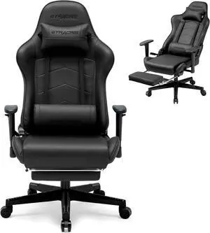 GTRACING Gaming Chair with Footrest, Racing Style Computer Chair for Adult, Adjustable Reclining Backrest and Lumbar Support, Stylish High Back Chair for Gaming and Office (Black)