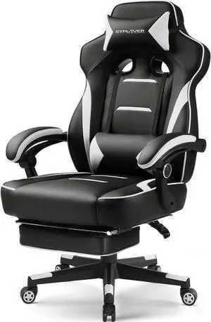 Gaming Chair, Ergonomic Office Computer Chair with Footrest, 350Lb Heavy Duty for Adults, High Back Lumbar Support, Swivel Seat, Recliner(White)