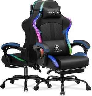 GTPLAYER RGB Gaming Chair, Computer Gamer Chair with Footrest and LED Lights, PC Gamer Chairs for Adults, High Back Reclining Office Chairs, Linkage Armrest (Blue)