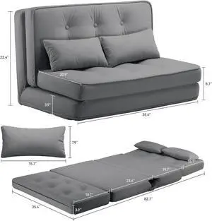 COMHOMA Folding Sofa Bed, Convertible Sleeper Chair with Pillows, Fold Out Chair Bed & Fabric Floor Couch,Foldable Mattress with Adjustable Backrest for Living Room, Guest Room, Dorm (Gray)