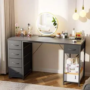 Vanity Desk with 5 Fabric Drawers & Storage Shelves, Makeup Dressing Table, Computer Desks for Home Office Bedroom, Black, No Mirror