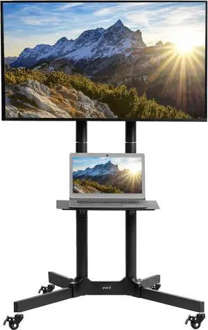 Mobile TV Cart for 32 to 83 inch Screens up to 110 lbs, LCD LED OLED 4K Smart Flat and Curved Panels, Rolling Stand with Laptop DVD Shelf, Locking Wheels, Max VESA 600x400, Black, STAND-TV03E