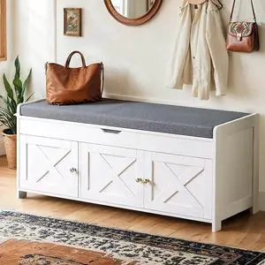 Shoe Storage Bench, Entryway Bench with Cushioned Seat & Lift Top Storage, 3 Doors, Adjustable Shelf, 300 lbs Capacity, Bench with Shoe Rack for Entryway, Bedroom, Living Room, White