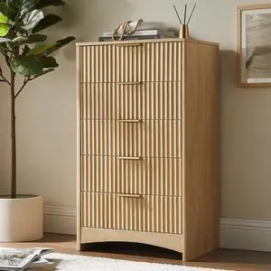 Pipishell Dresser for Bedroom, Fluted 5 Drawers Dresser, 40" Tall Modern Chest of Drawer with Round Edge & Pre-Installed Drawer Slides, Natural Wood Drawer Organizer for Bedroom, Hallway, Natural Oak