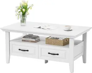White Coffee Table for Living Room, 39.4" Farmhouse Wood Coffee Table with Storage, Featuring Open Display Shelf, Hidden Drawers, Robotic Vacuum-Friendly, Ideal for Home Office, White
