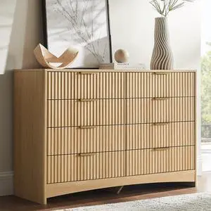 Modern 8 Drawer Dresser, Fluted Wood Chest of Drawers with Rounded Corners, Pre-Installed Drawer Slides, Dresser TV Stand and Storage Organizer for Bedroom, Hallway, Natural Oak