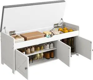 2-Tier Storage Bench Cushion Seat, Farmhouse Shoe Bench with Storage, Entryway Shoe Storage 3 Doors, Adjustable Shelf, 16x43x18, 300 lbs Capacity, Shoe Rack for Living Room, Bedroom, White