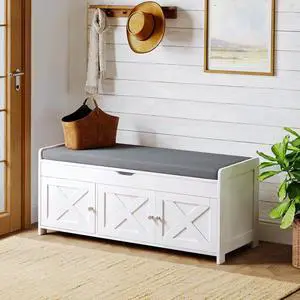 2-Tier Shoe Storage Bench with Cushioned Seat, Entryway Bench with Adjustable Shelf & Barn Doors, 300 lbs Capacity, 43.4" W x 16" D x 18" H, for Entryway, Bedroom, Living Room, White