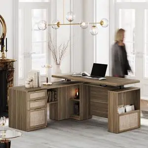 63 Inches L Shaped Standing Desk, Executive Standing Desk with Drawers and File Cabinet, AC/USB, 1.18" Desktop, Multi-Sized Storage Cubby, Privacy Panel, Rattan Computer Desk, Natural Oak