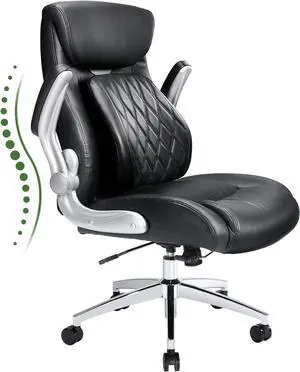 Comfortable-Office Chair with Dynamic-Lumbar Support: High Back PU Leather Executive Office Chair with Flip-up Arms Tilt Function, Ergonomic Executive Desk Chair for Home Office Work